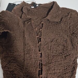 Fashion Nova Chocolate Textured Lace-Up Blouse